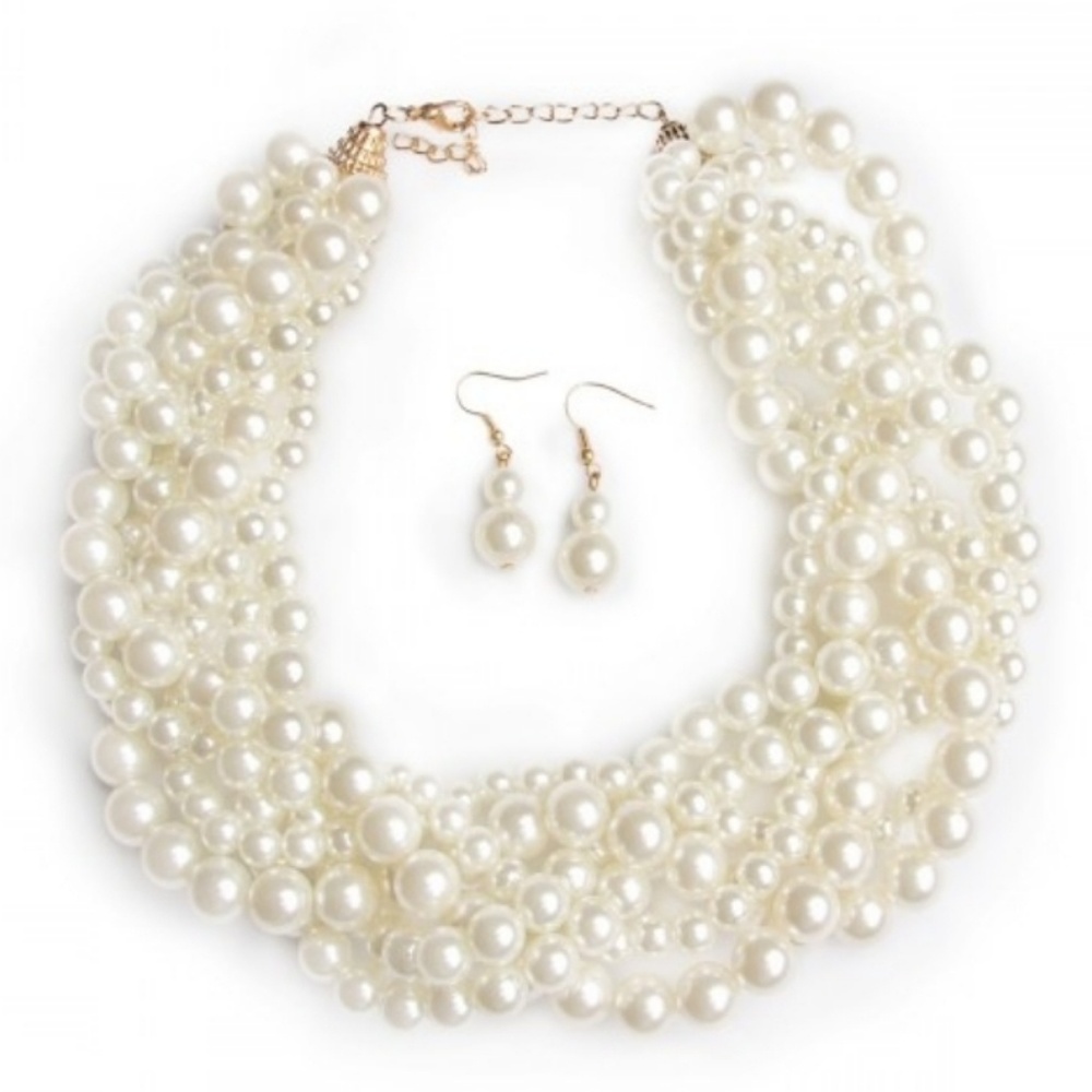 NWT Riah Fashion Braided Pearl Statement Necklace & Earring Set
